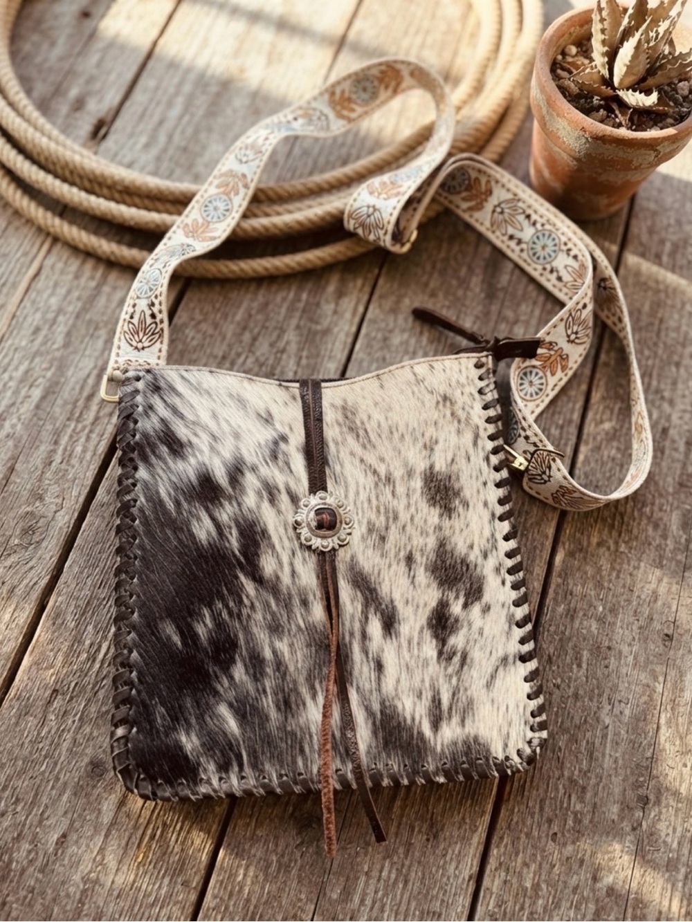 Western Genuine Hair On Cowhide Leather Crossbody Bag Tooled Strap Boho